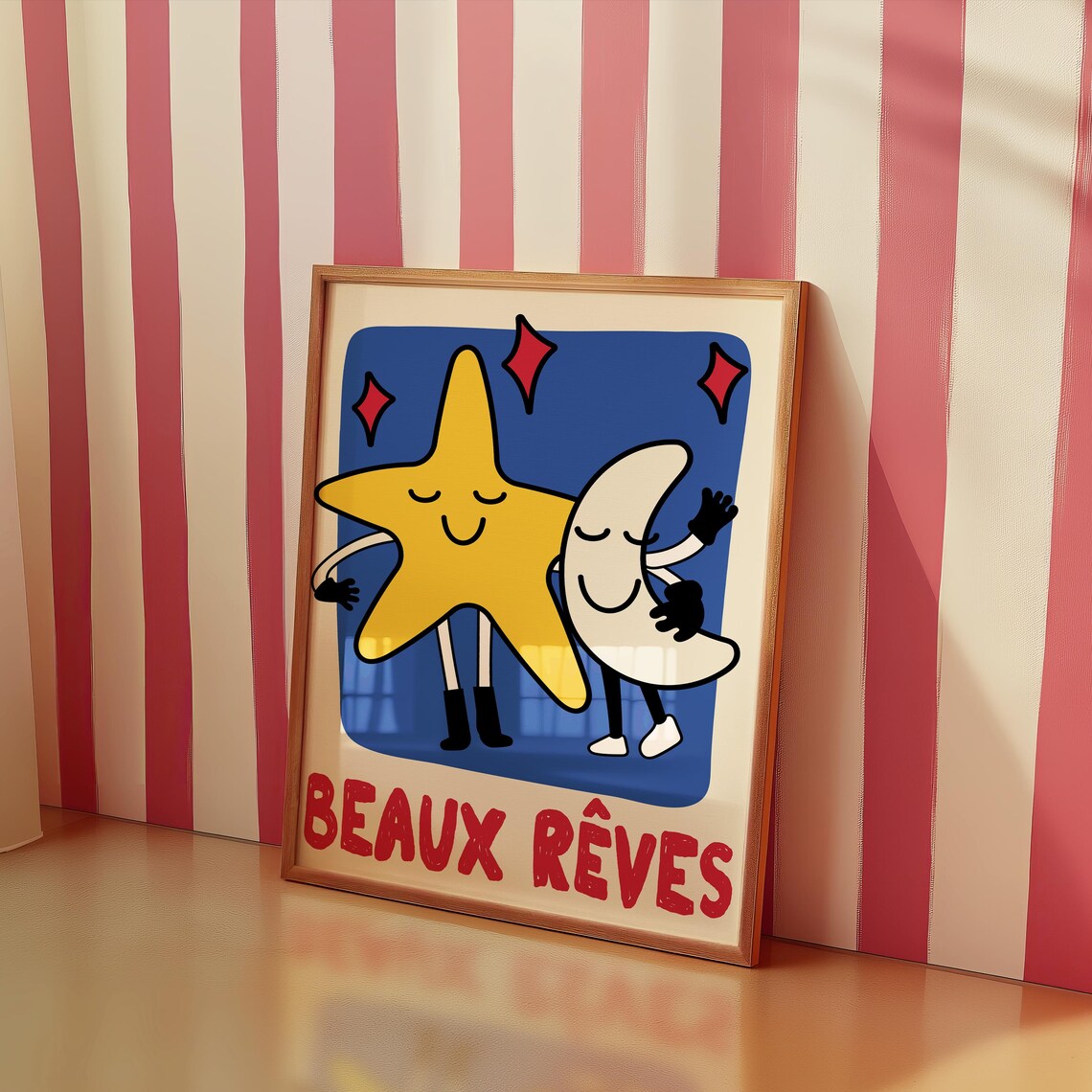 Beaux Rêves Star and Moon Hug Retro Cartoon Nursery Wall Poster