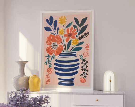 Poppy Flowers Blue Striped Vase Peach Mid Century Botanical Poster