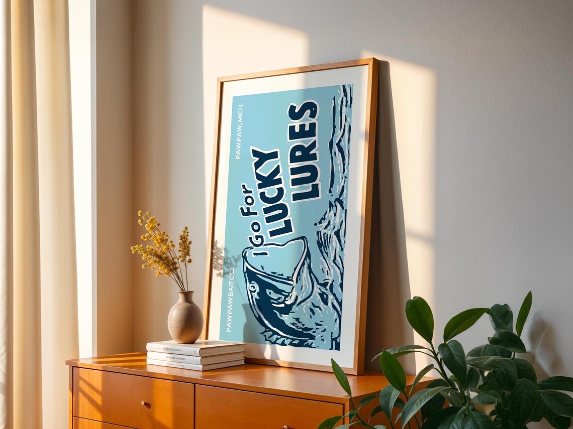 Lucky Lures Paw Paw Bait Co Vintage Leaping Fish Ad Blue Poster - Image 4