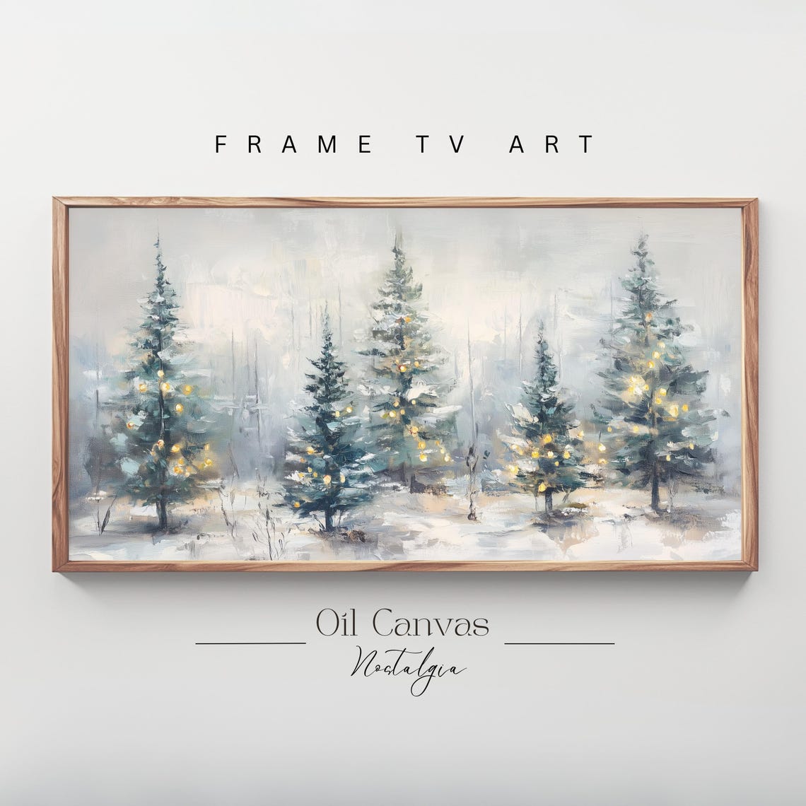 Snowy Pine Forest Glowing Lights Christmas Winter Evening Wall Art