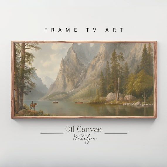 Mountain Landscape Frame Tv Art Vintage Rustic Scenery Oil Painting Farmhouse Decor Nature Wall Art Instant