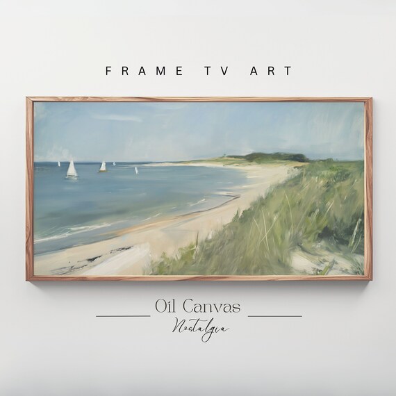 Frame Tv Art Vintage Beach Oil Painting Summer Sea Art Ocean Frame Tv Art Costal Landscape Blue Nautical Seascape
