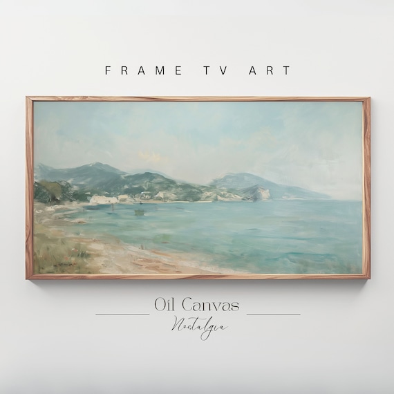 Frame Tv Art Vintage Beach Oil Painting Summer Sea Art Ocean Frame Tv Art Costal Landscape Blue Nautical Seascape