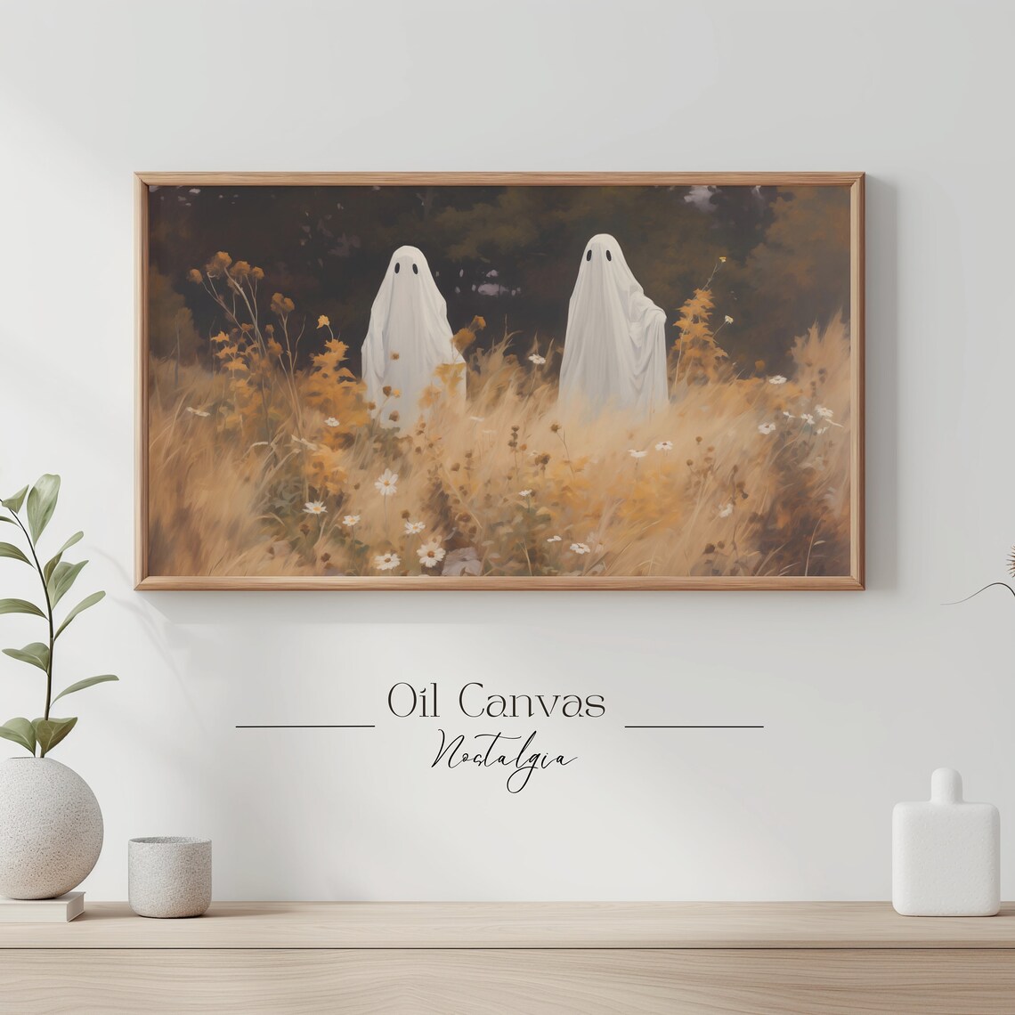 Two Friendly Ghosts In Golden Meadow Dark Woods Vintage Halloween Decor Art Poster - Image 3