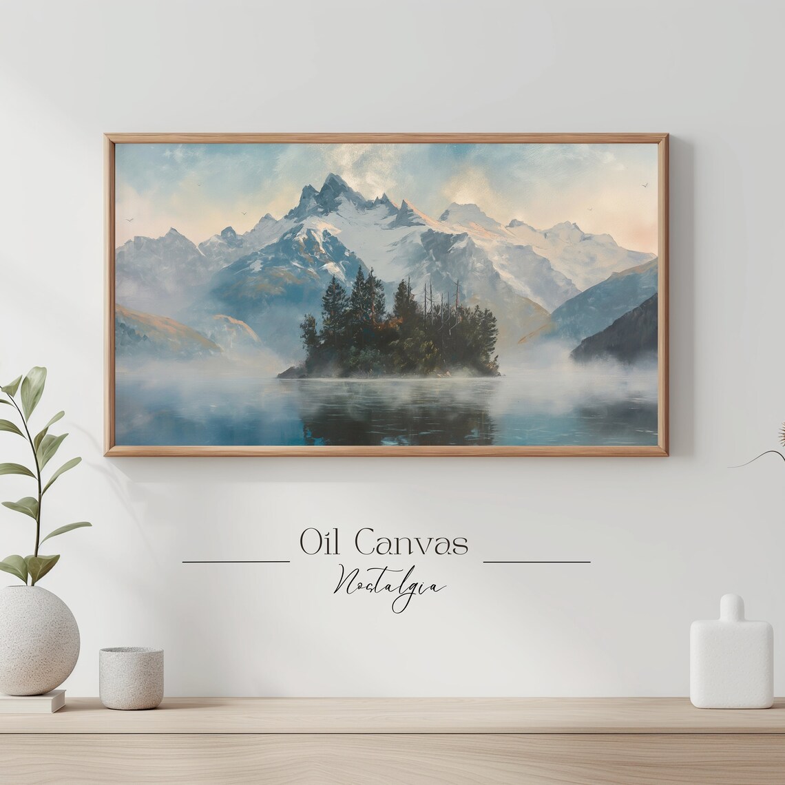 Misty Mountain Lake Pine Island Snow Peaks Sunrise Travel Poster - Image 3