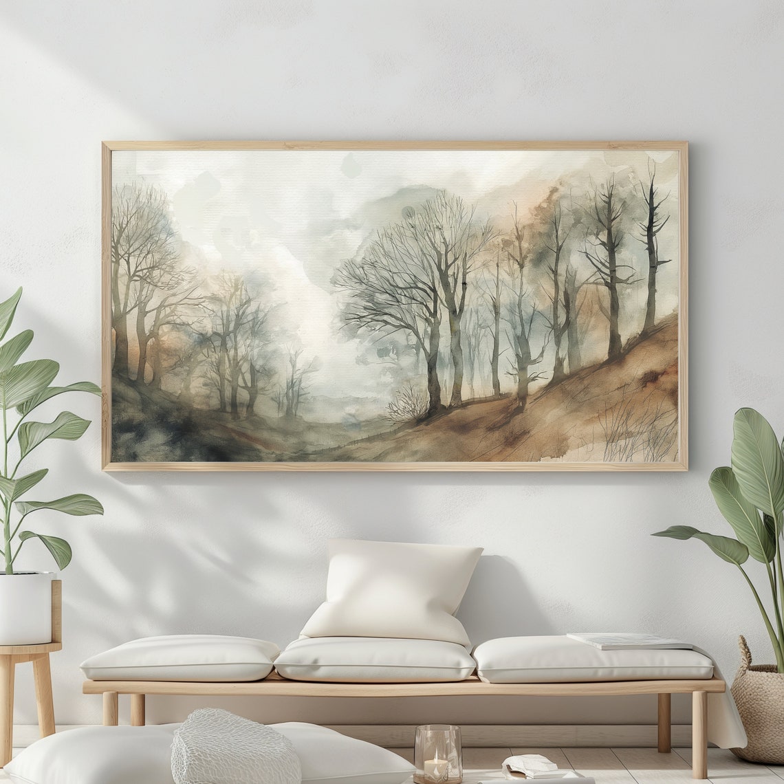 Misty Watercolor Bare Trees Foggy Hillside Quiet Winter Morning Poster - Image 2