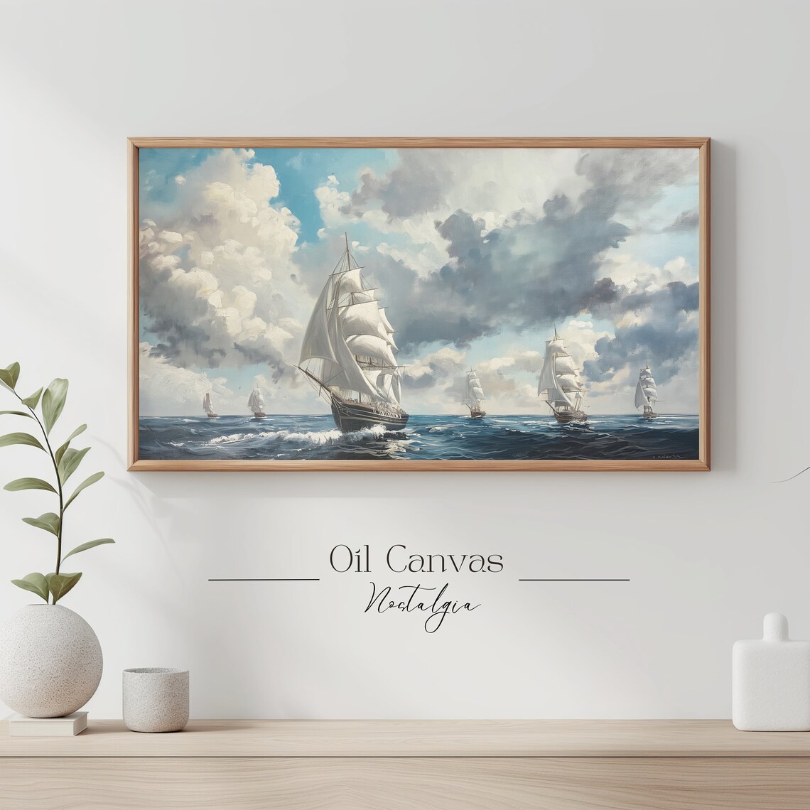 Frame Tv Art Vintage Nautical Oil Painting Summer Sea Art Boat Art Ocean Frame Tv Art Blue Nautical Seascape - Image 3