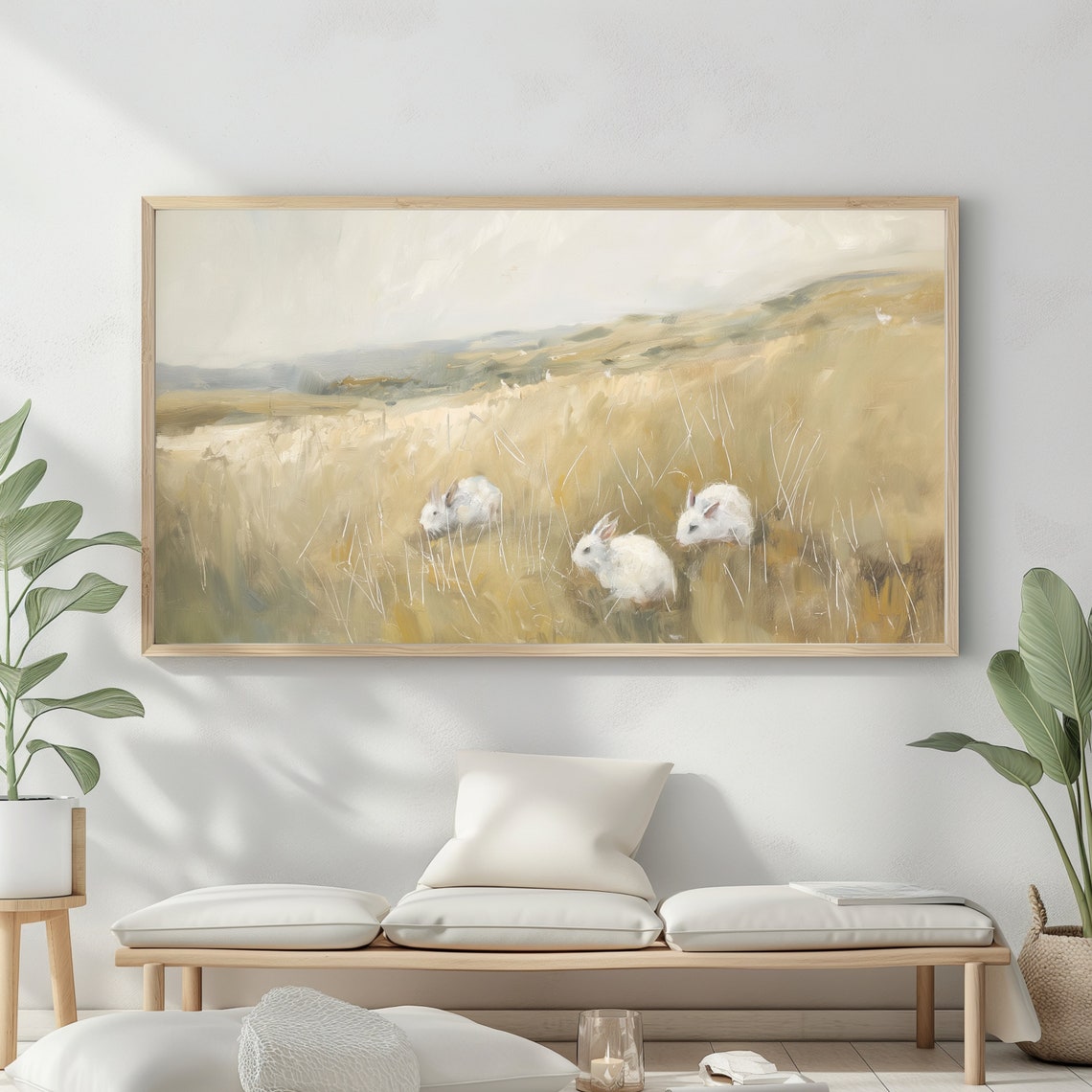 White Rabbits Golden Meadow Trio Vintage Nursery Bunny Wall Art - Image 2