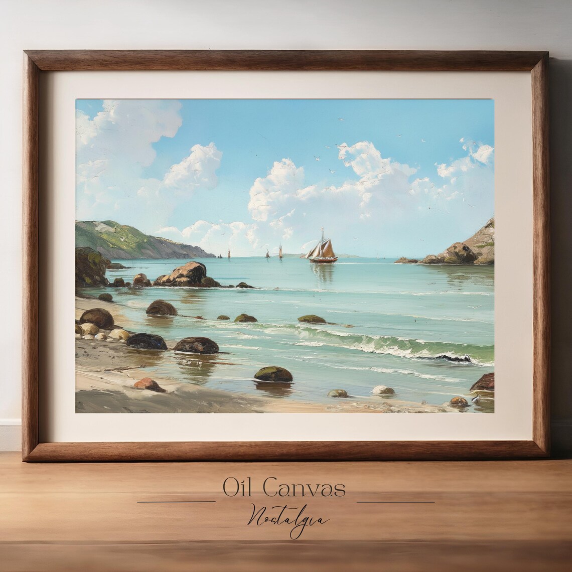 Wall Art Vintage Nautical Oil Painting Summer Sea Art Boat Art Beach House Decor Blue Nautical Seascape - Image 2