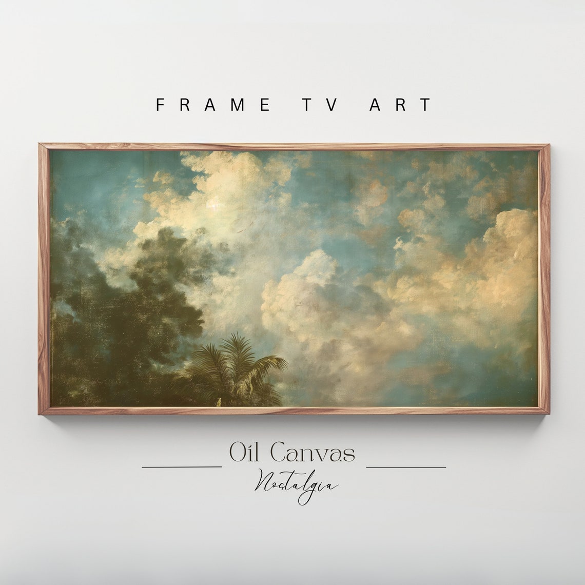 Moody Teal Gold Cloudscape Palm Fronds Dark Romantic Sky Oil Poster