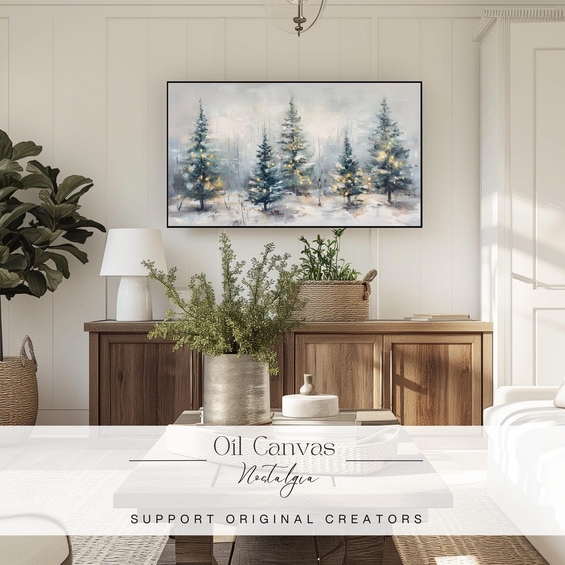 Snowy Pine Forest Glowing Lights Christmas Winter Evening Wall Art - Image 3