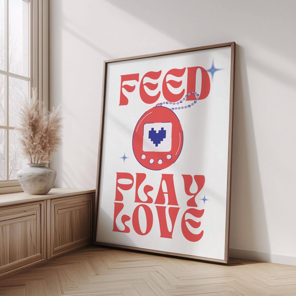 Red Retro Digital Pet Tamagotchi Feed Play Love 90s Nostalgia Poster - Image 4