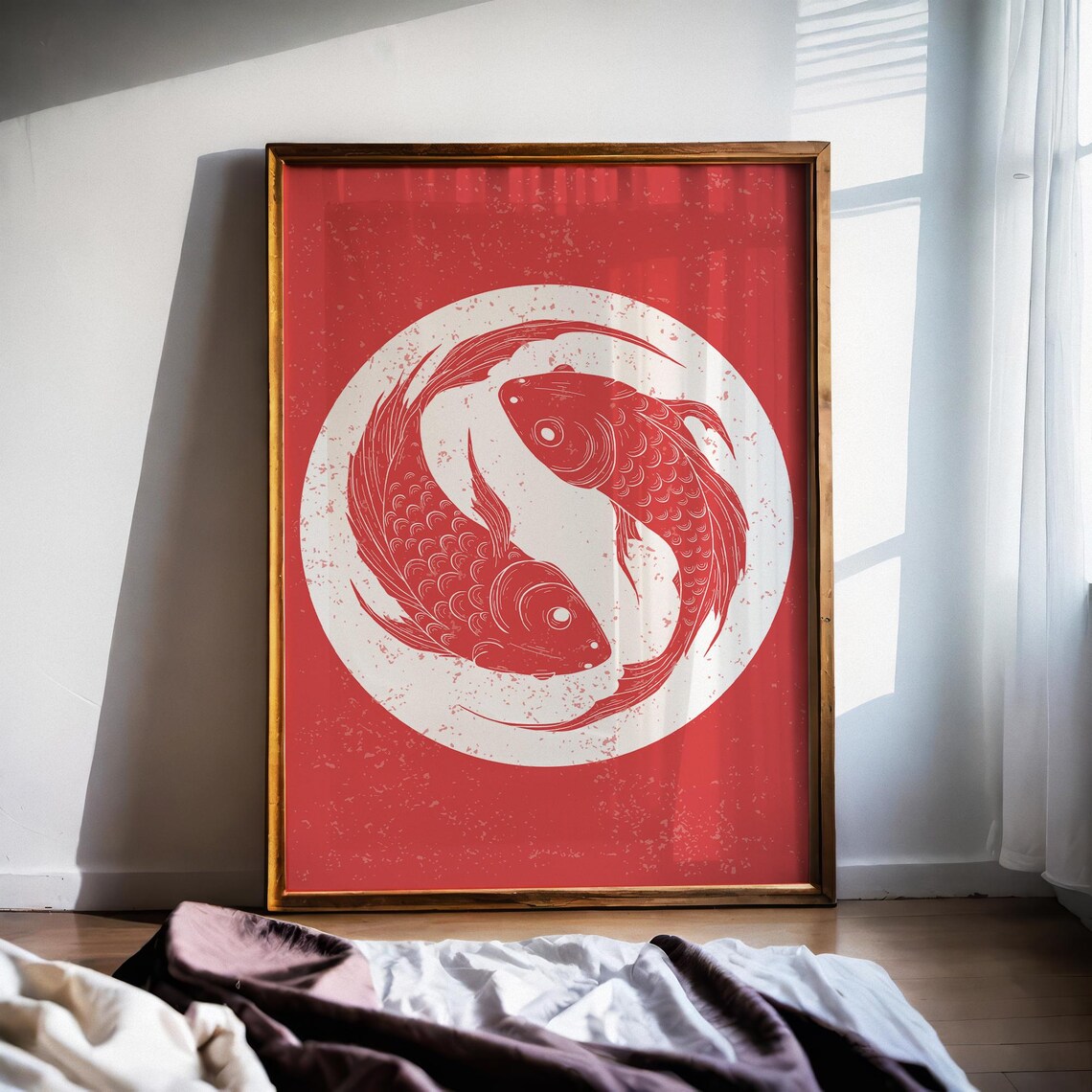 Red Koi Fish Yin Yang Style Circle Japanese Retro Aesthetic Art Poster - Image 3