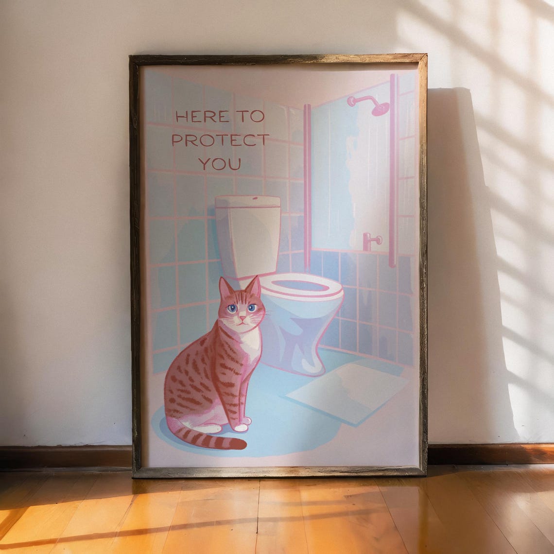 Here To Protect You Funny Cat Pink Bathroom Quote Trendy Wall Poster