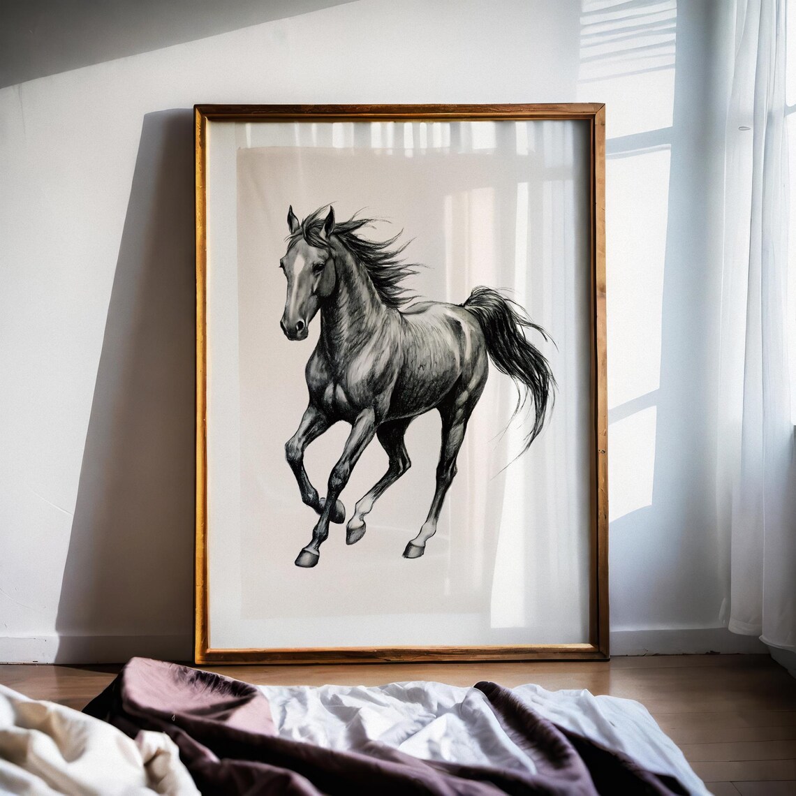 Galloping Horse Charcoal Sketch Vintage Farmhouse Equestrian Art Print