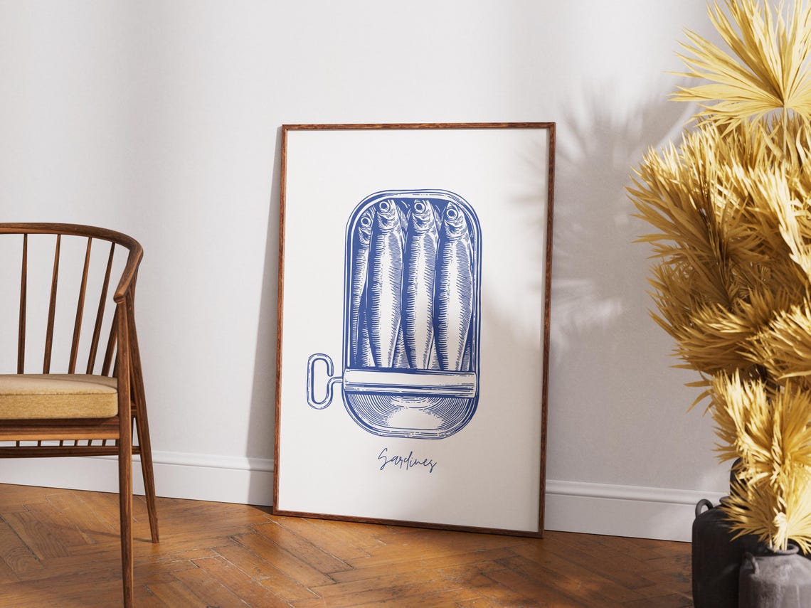 Vintage Sardines Tin Blue Ink Fish Illustration Retro Kitchen Poster - Image 4