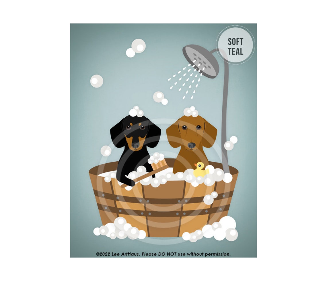 Two Dachshunds Wooden Tub Bubble Bath Shower Bright Teal Dog Poster - Image 4