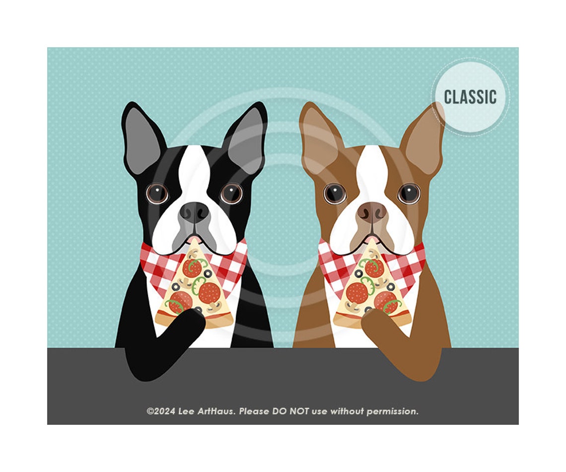 Two Boston Terriers Eating Pizza With Checkered Bibs Dog Art Poster