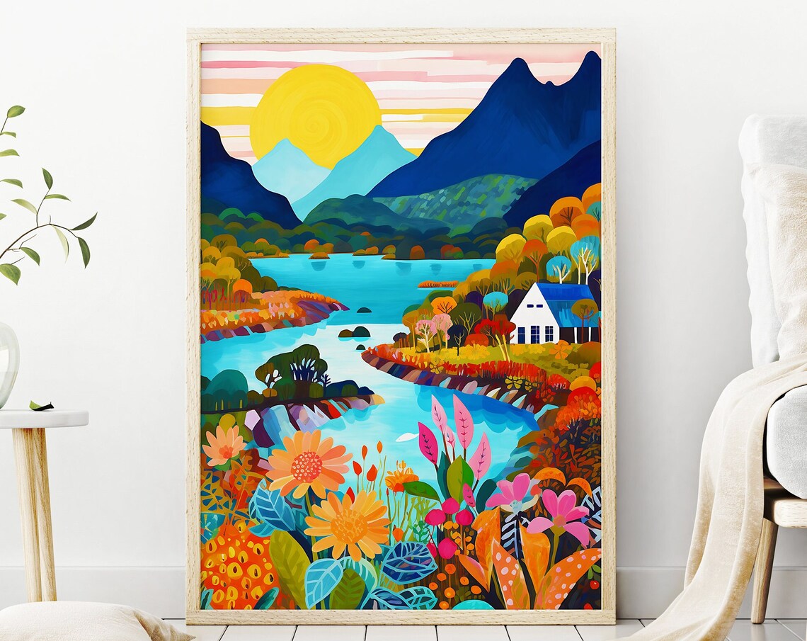 Abstract Mountain Art Print, Maximalist Patchwork Style