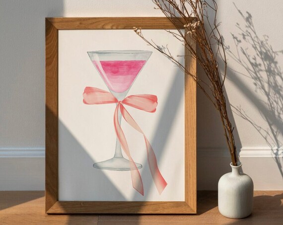 Pink Cocktail With Satin Ribbon Bow Watercolor Preppy Bar Poster