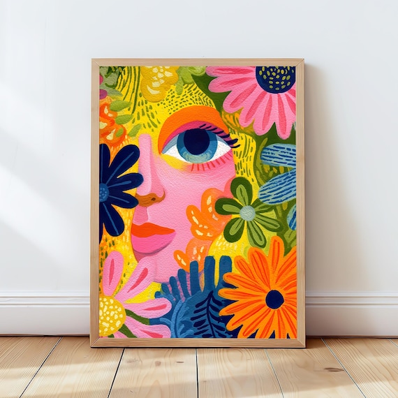 Colorful Floral Face Abstract Woman Portrait Bold Modern Art Poster