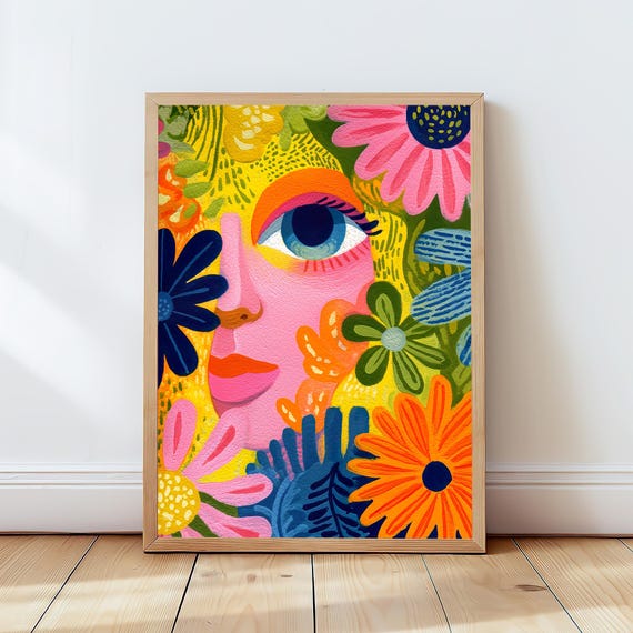 Colorful Floral Face Wall Art Abstract Woman Portrait Bold Modern