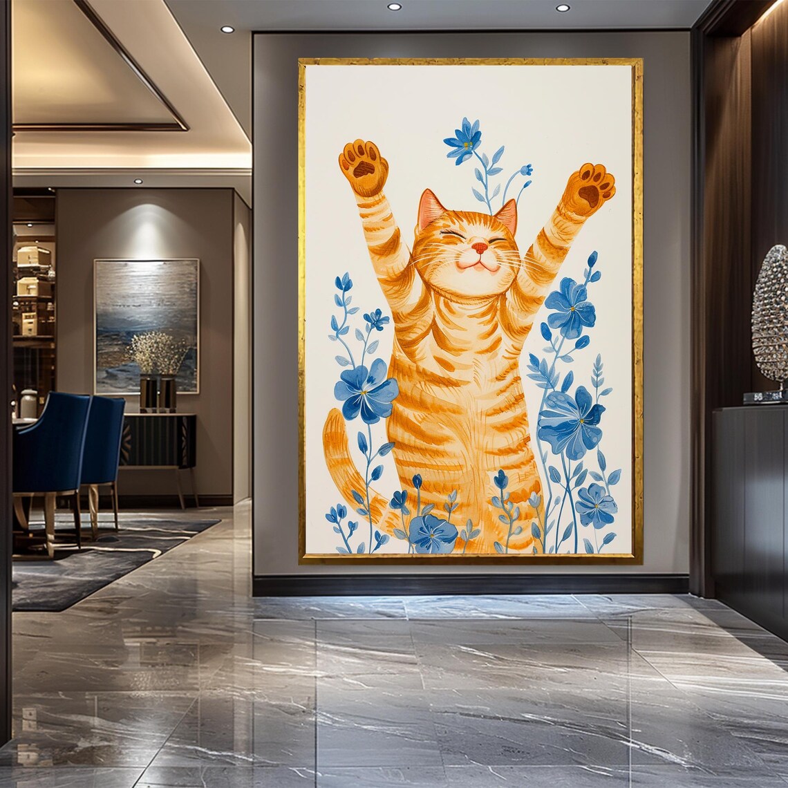 Happy Orange Tabby Cat Stretching Flowers Funny Animal Print - Image 2