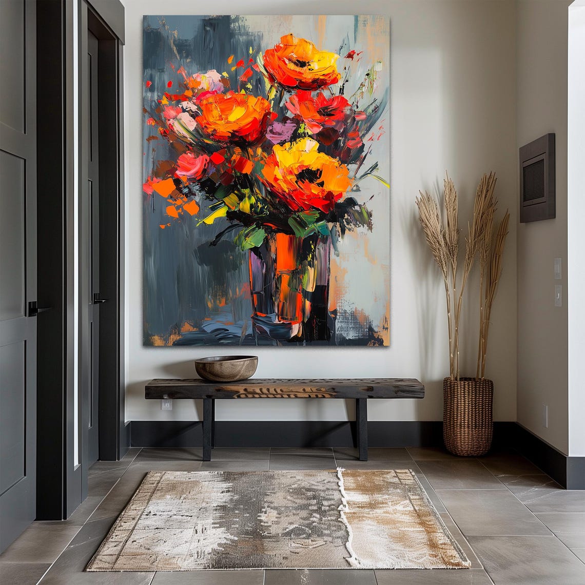 Red Orange Poppy Bouquet Impasto Flowers Grey Background Floral Poster - Image 2