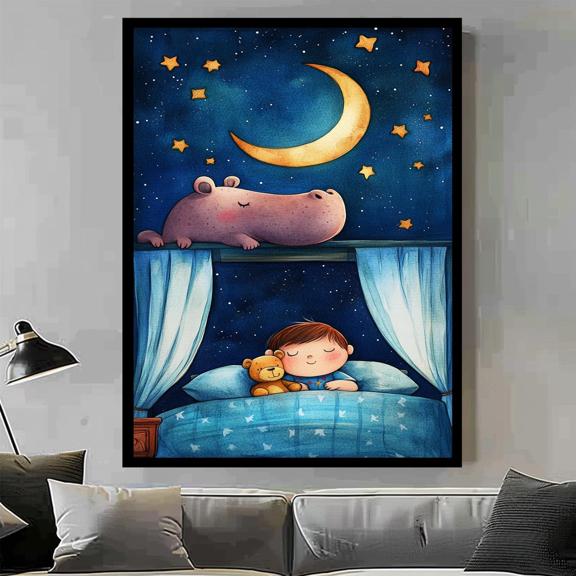 Sleeping Baby Under Moonlit Sky with Teddy Bear Nursery Poster - Image 2