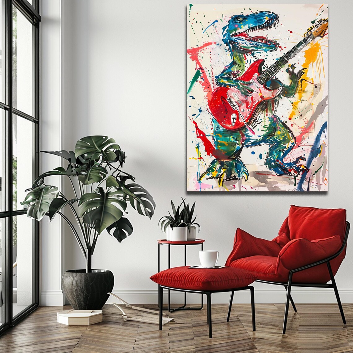 Dino Rock Guitar Music Cartoon Art Print - Image 3