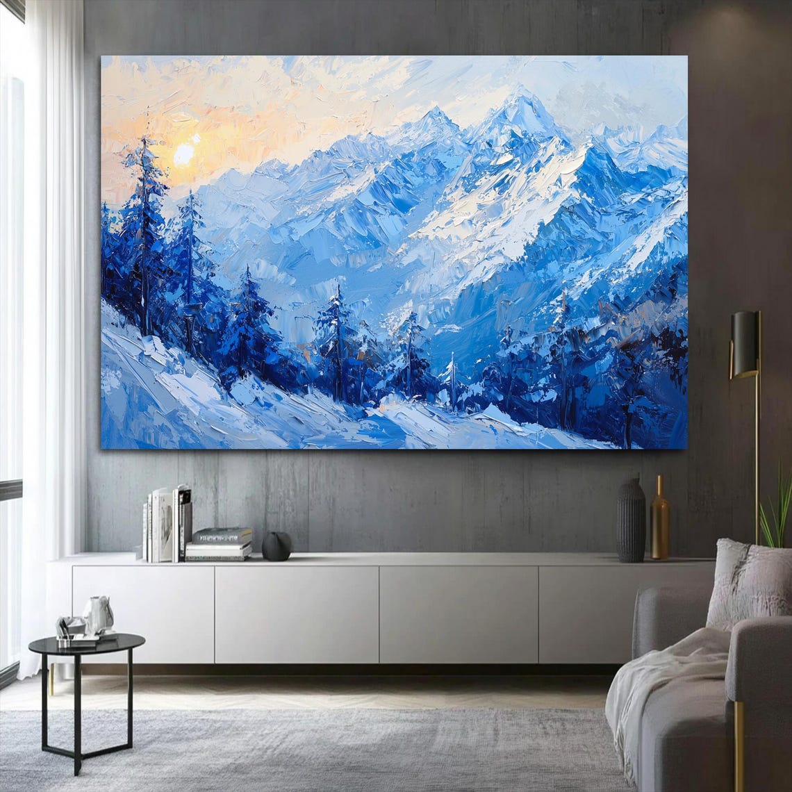 Snowy Blue Mountains Pine Forest Winter Sunrise Impasto Poster - Image 3