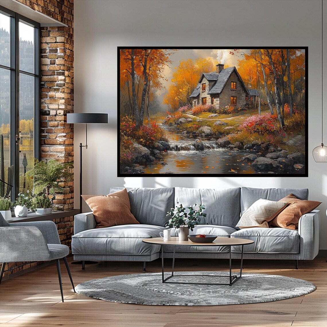 Autumn Cottage Creek Golden Oil Landscape Cozy Cabin Wall Art - Image 3