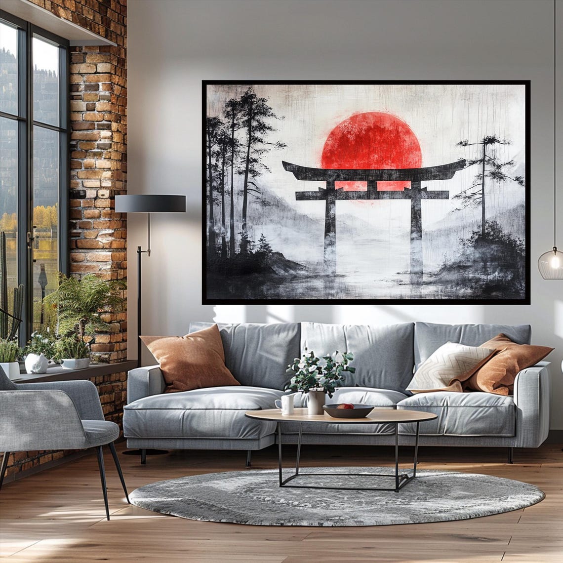 Black Torii Gate Red Sun Misty Lake Japanese Ink Landscape Poster - Image 2