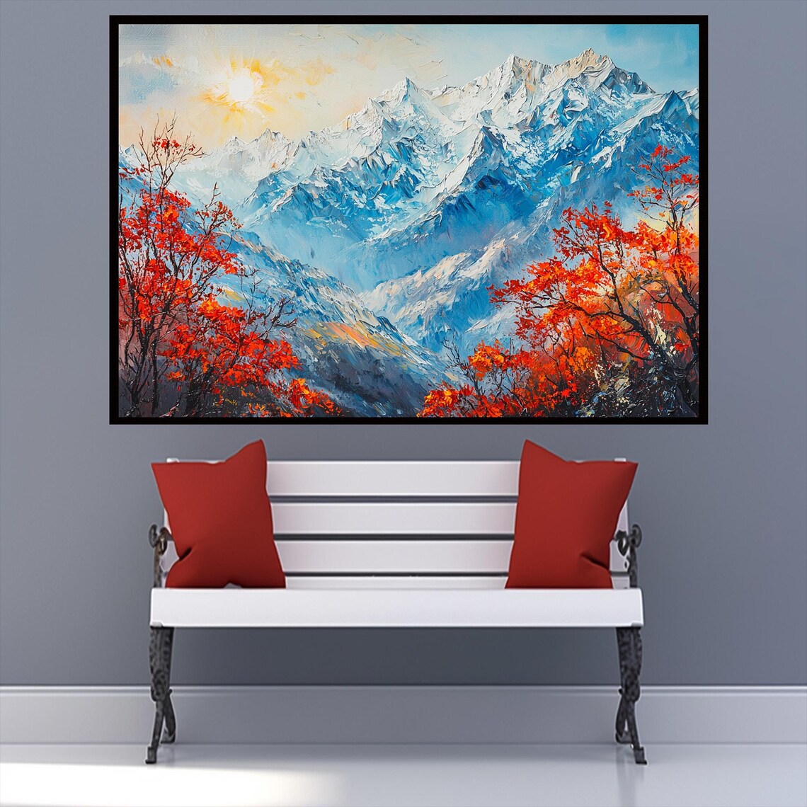 Snowy Blue Mountains Red Autumn Trees Framed Oil Painting Poster - Image 3