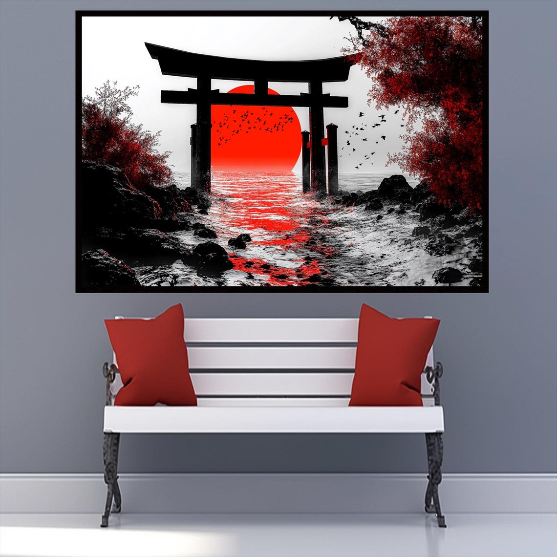 Torii Gate Silhouette Red Sun Ocean Reflection Japanese Poster - Image 2