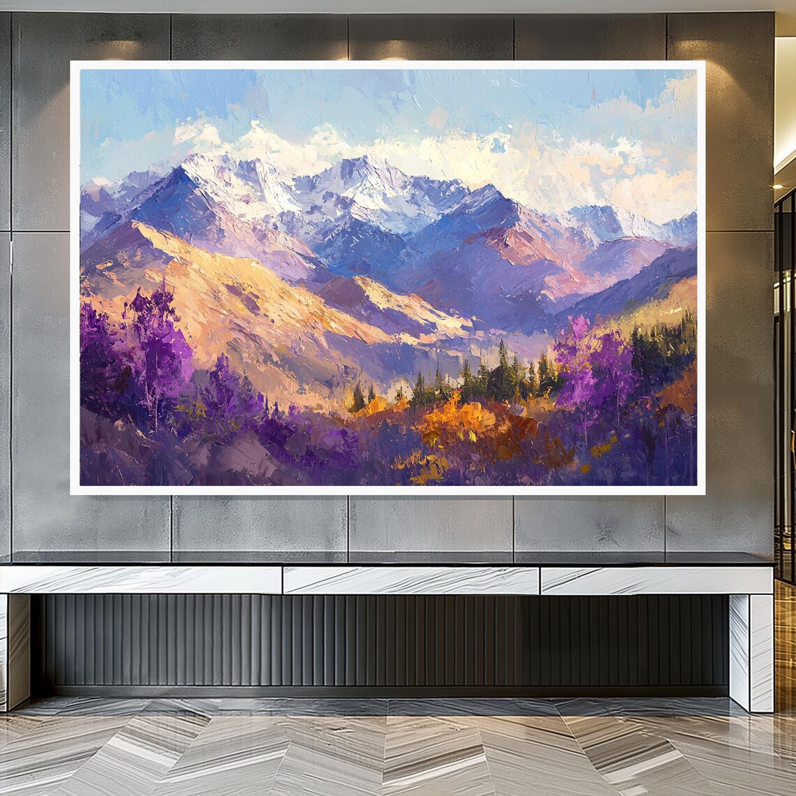 Snowy Mountain Peaks Golden Hills Purple Wildflowers Morning Light Poster - Image 3