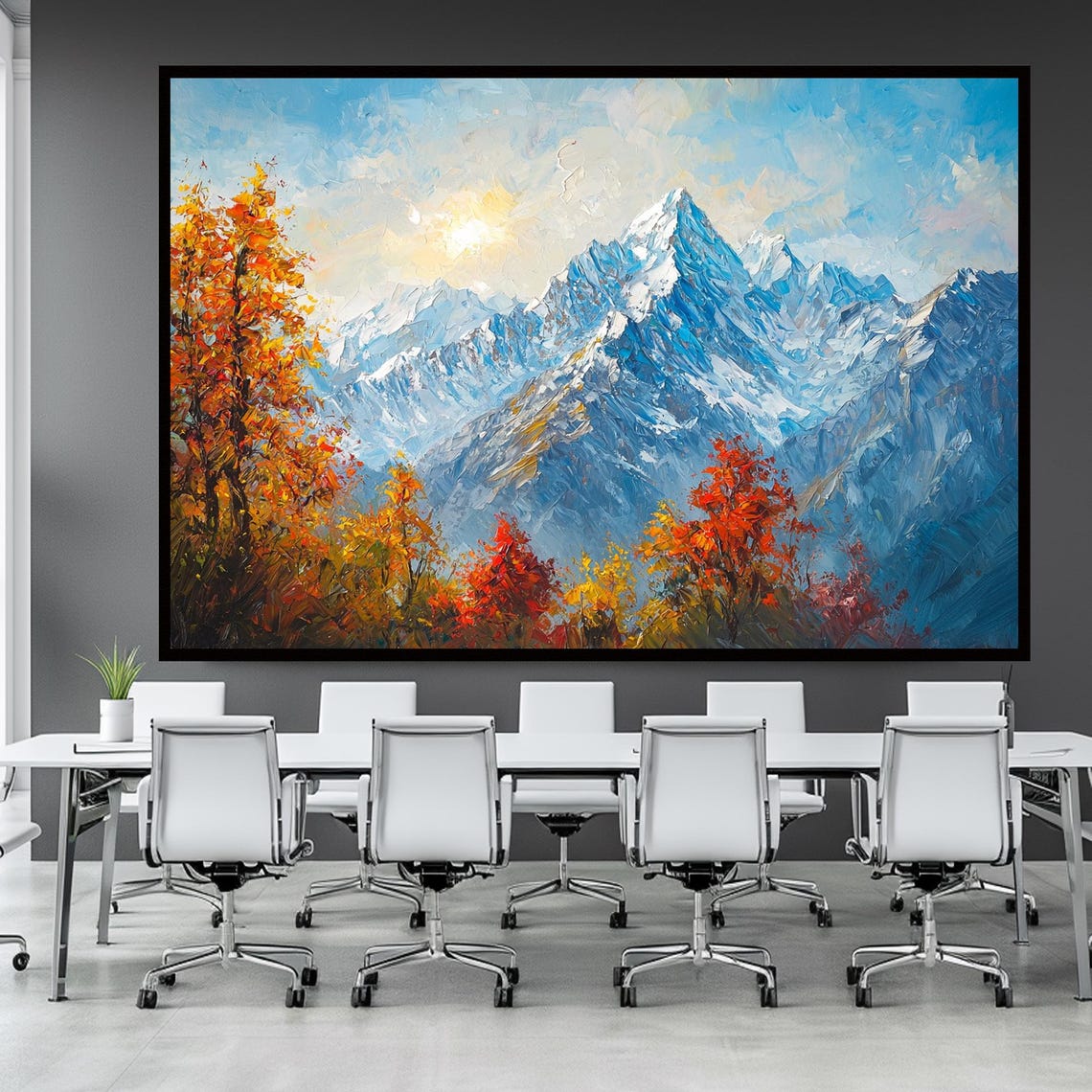 Snowy Mountain Peaks Autumn Red Orange Foliage Bright Blue Sky Poster - Image 2