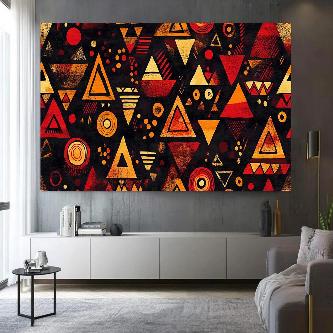 African Tribal Triangle Pattern Red Gold Black Geometric Poster - Image 2