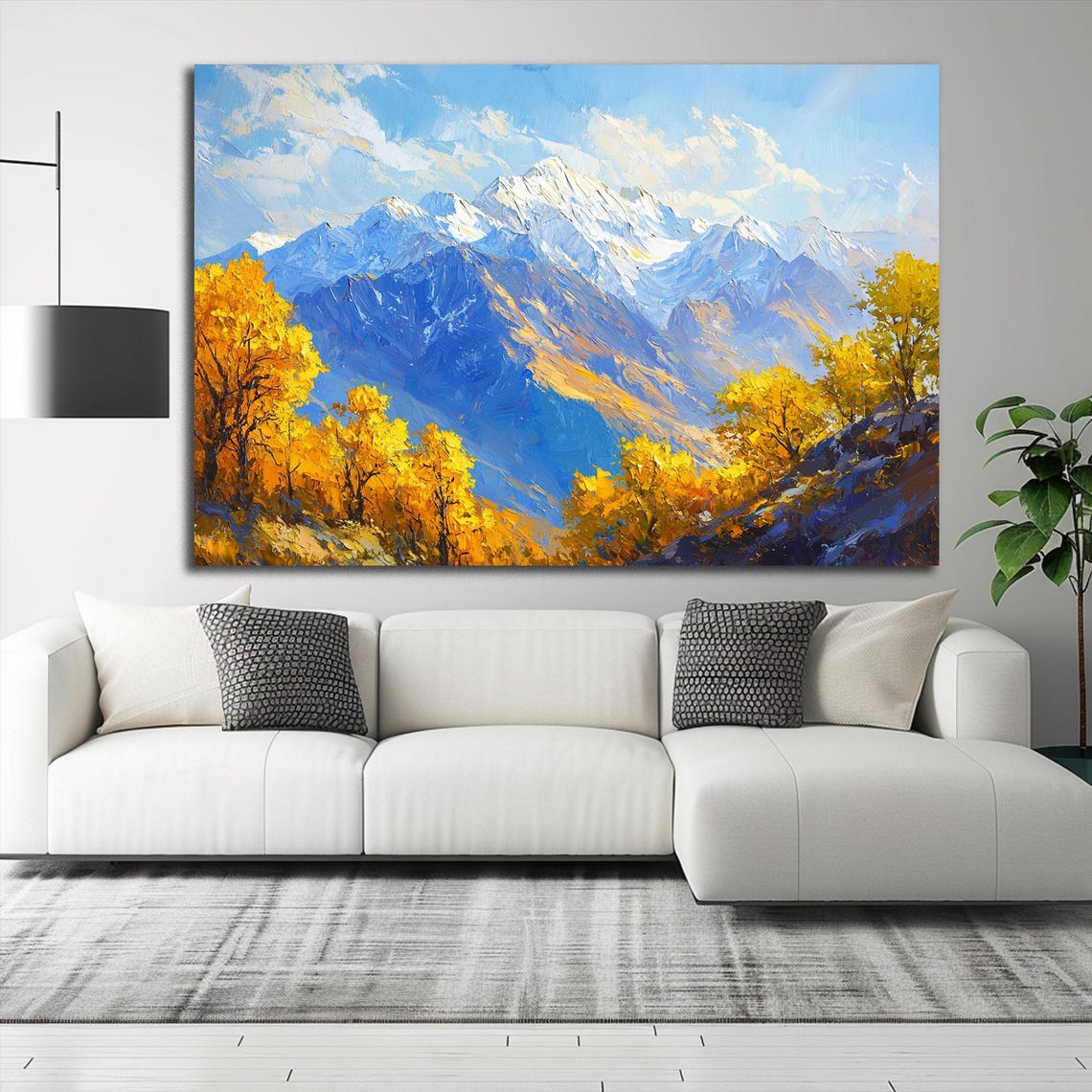 Snowy Peaks Golden Autumn Trees Impasto Blue Sky Mountain View Poster - Image 2