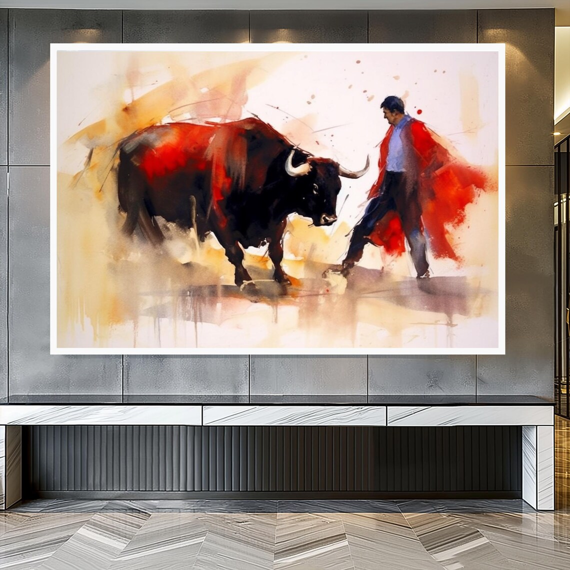 Spanish Matador Facing Bull Abstract Bullfighting Watercolor Poster - Image 3