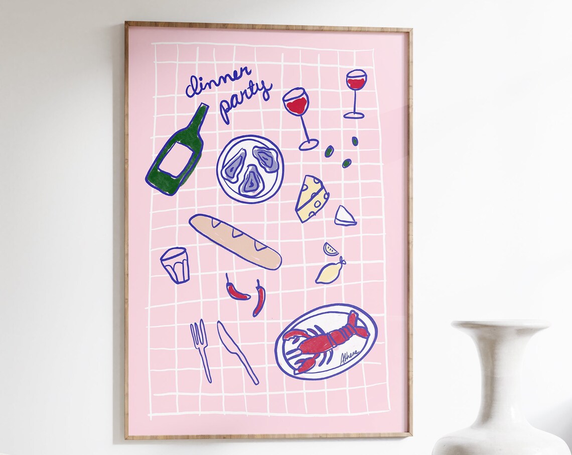 Dinner Party Pink Doodle Food and Wine Retro Kitchen Wall Art