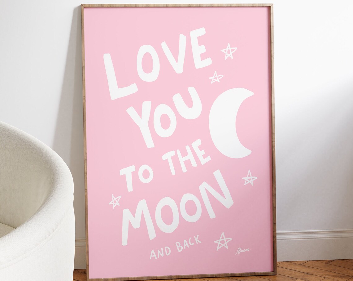 Love You To The Moon And Back Pink Moon Stars Nursery Quote Poster