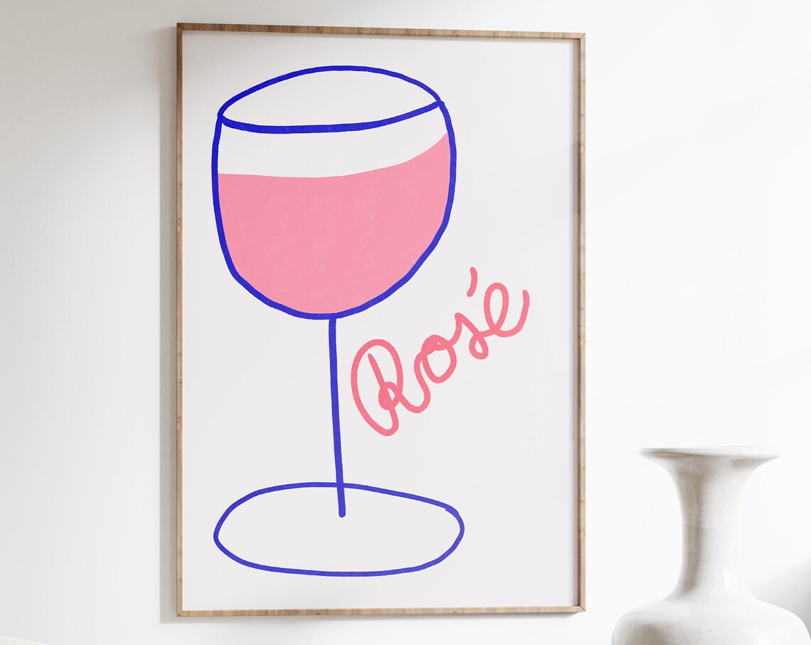 Rosé Wine Glass Blue Line Art Playful Pink Bar Cart Wall Art