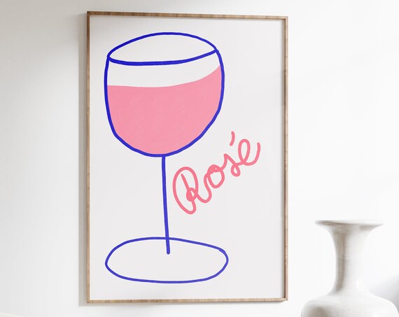 Rosé Wine Glass Blue Line Art Playful Pink Bar Cart Wall Art