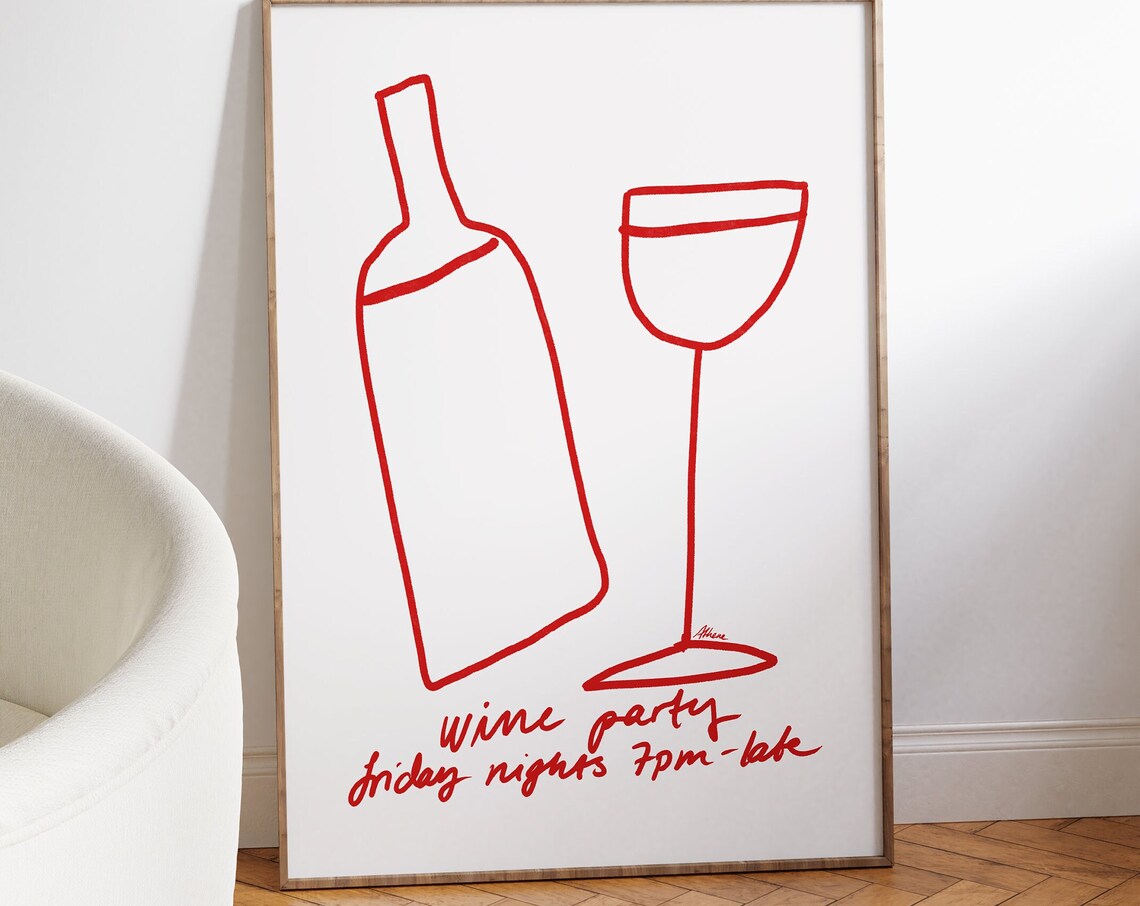 Wine Party Friday Nights 7PM Late Red Line Drawing Bar Cart Art Poster