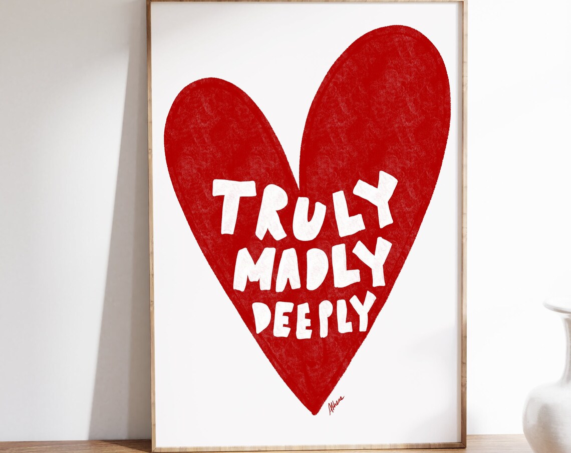 Truly Madly Deeply Big Red Heart Romantic Love Quote Wall Art