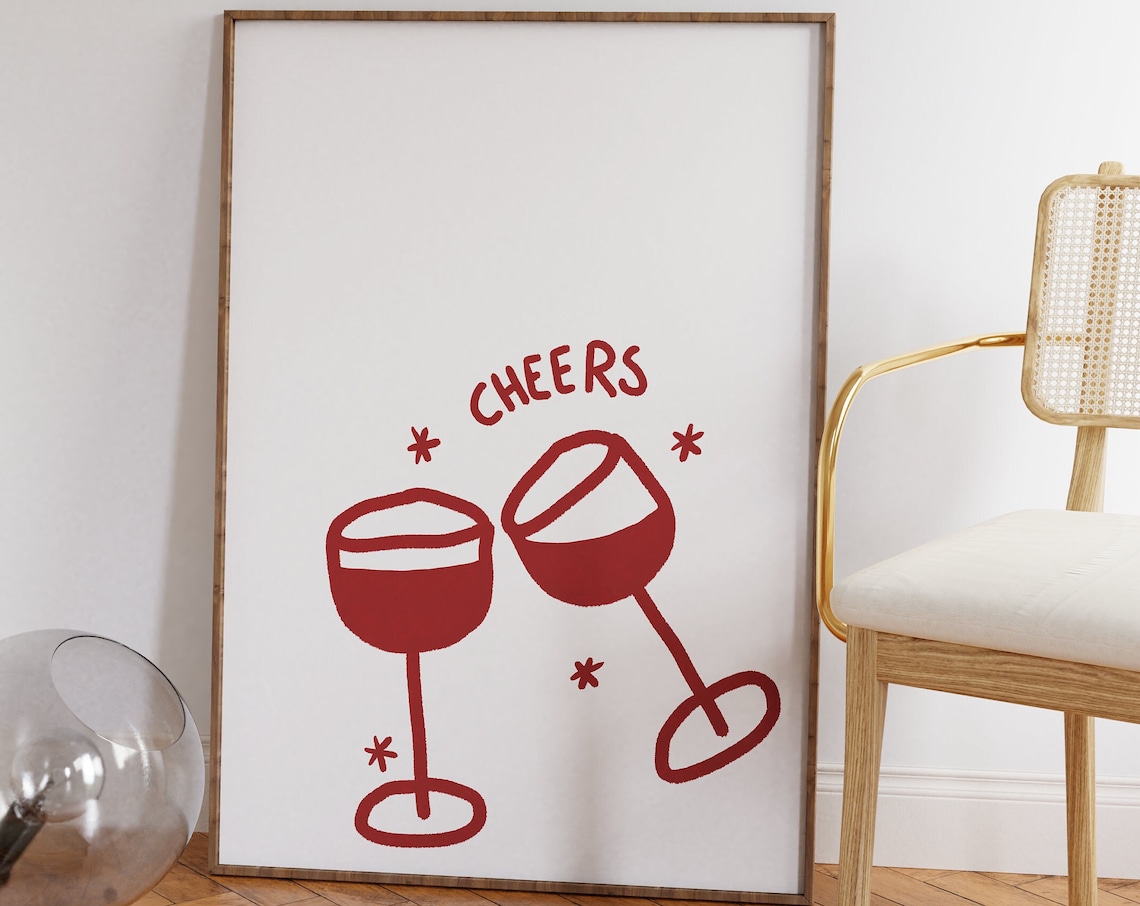 Cheers Wine Poster, Hand-Drawn Boho Kitchen Art