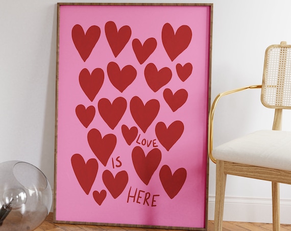 Pink And Red Heart Print, Danish Pastel Art Print