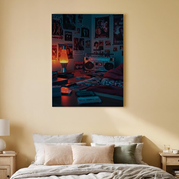 Retro 80s Bedroom Lava Lamp Boombox Cassette Tapes Nostalgic Teen Room Poster