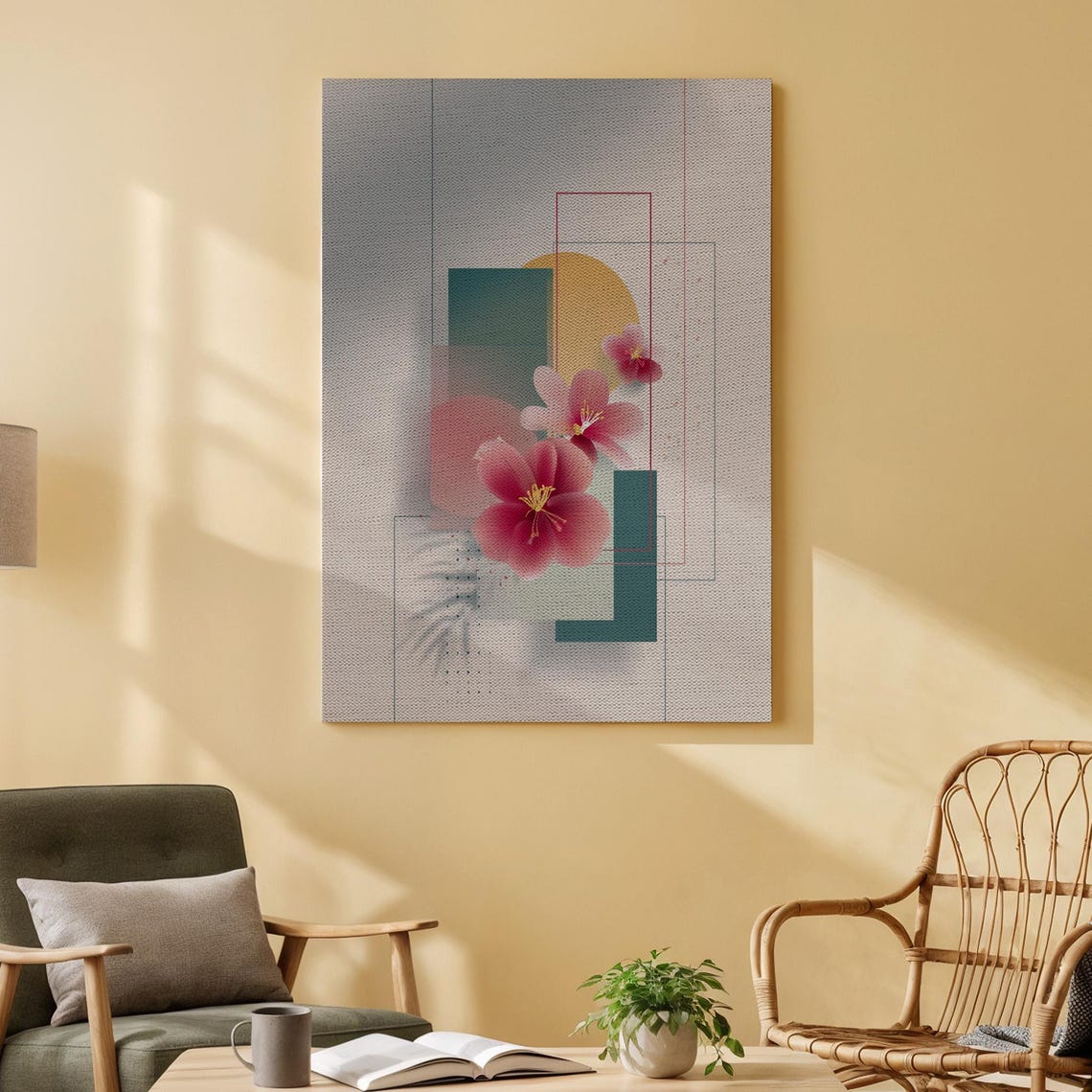 Pink Blossom Floral Abstract Geometric Pastel Canvas Wall Art